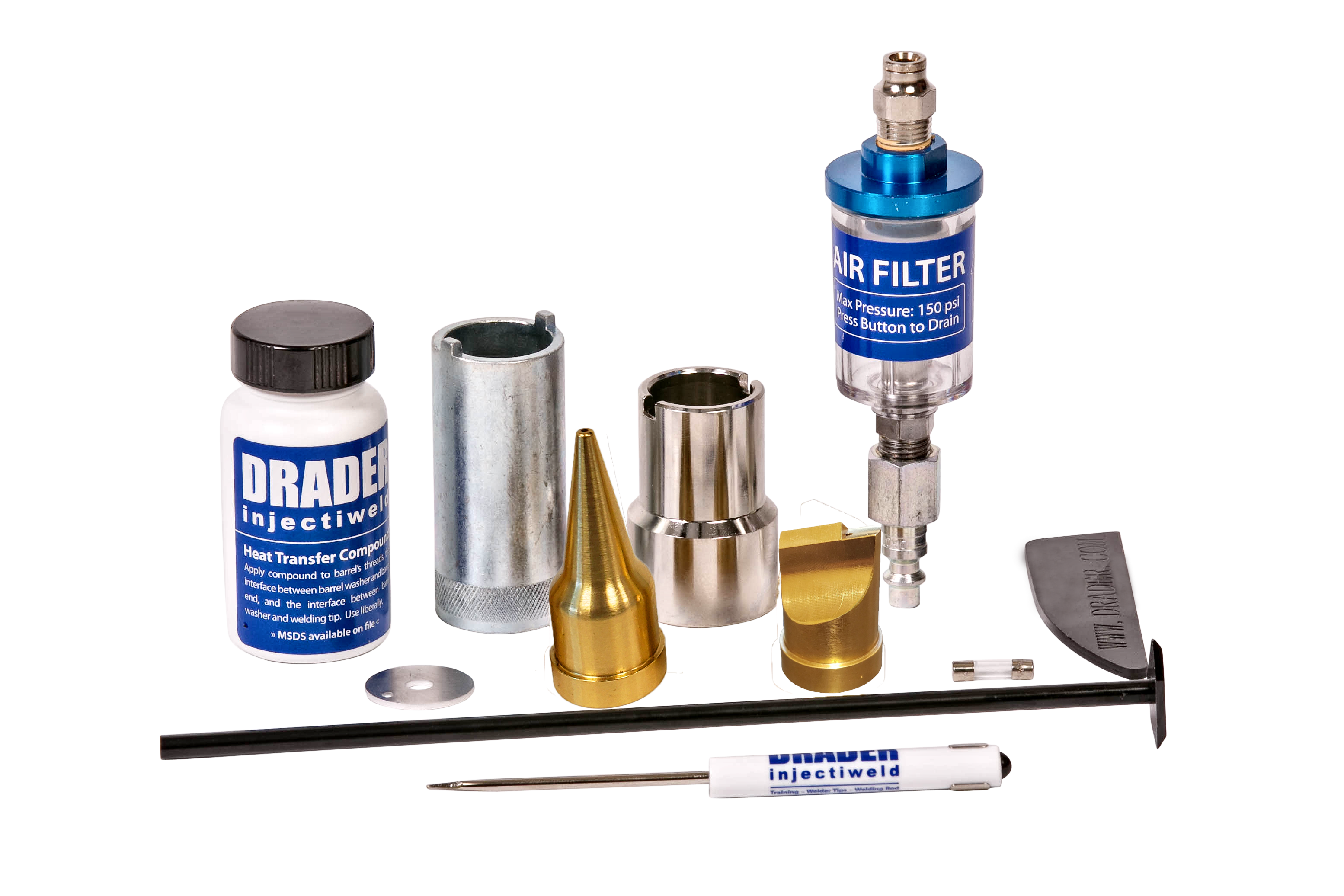 Set of Drader Injectiweld welding kit accessories including heat transfer compound, metal fittings, air filter, and tools.