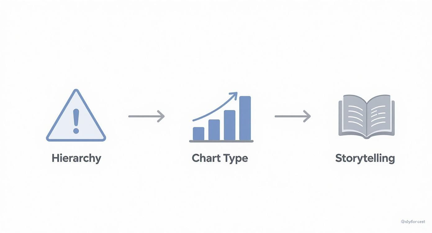 Infographic showing the process flow of dashboard design, with icons for Hierarchy, Chart Type, and Storytelling.