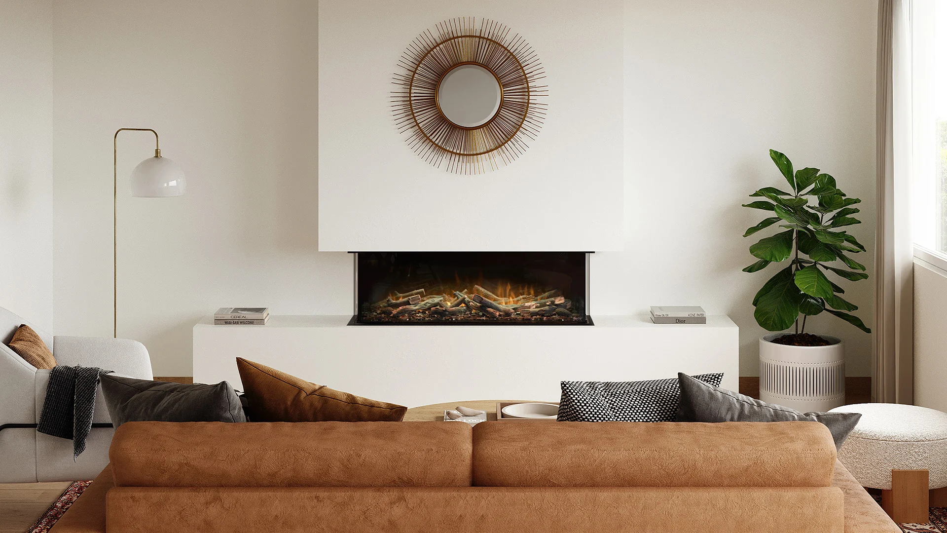 Ambe Multi49 Bay electric fireplace in white walled living room