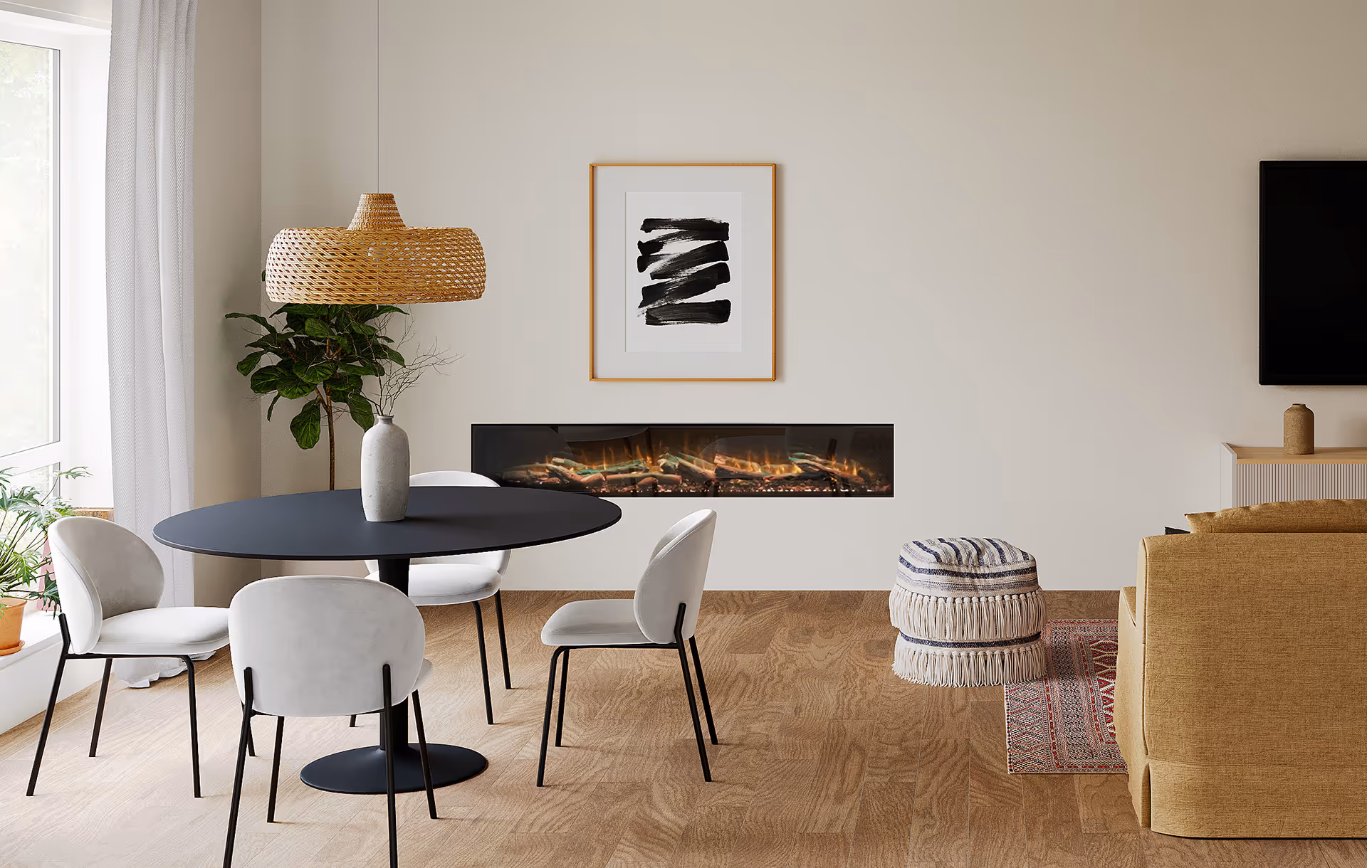 Ambe Linear72 electric fireplace in white walled living room