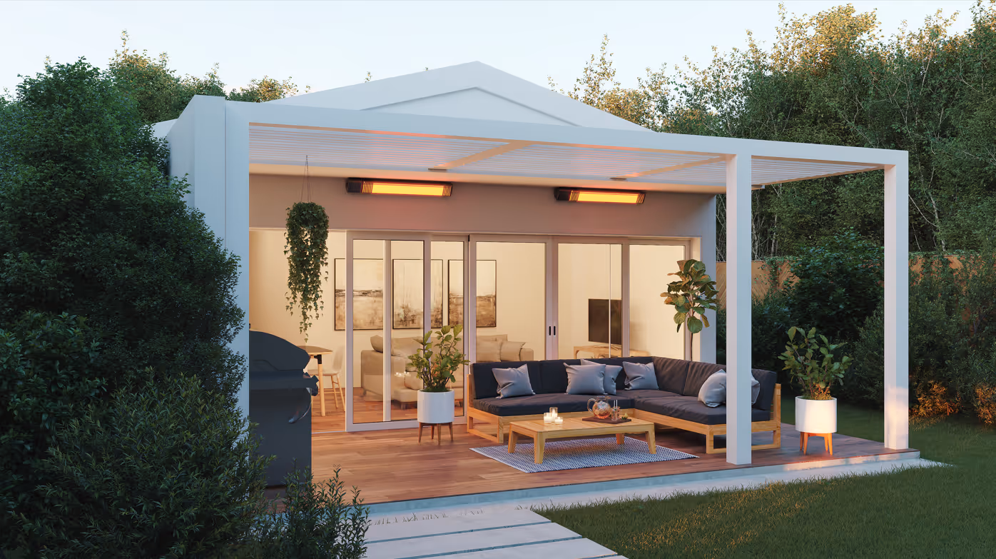 Ambe Sunset Series outdoor heaters under pergola