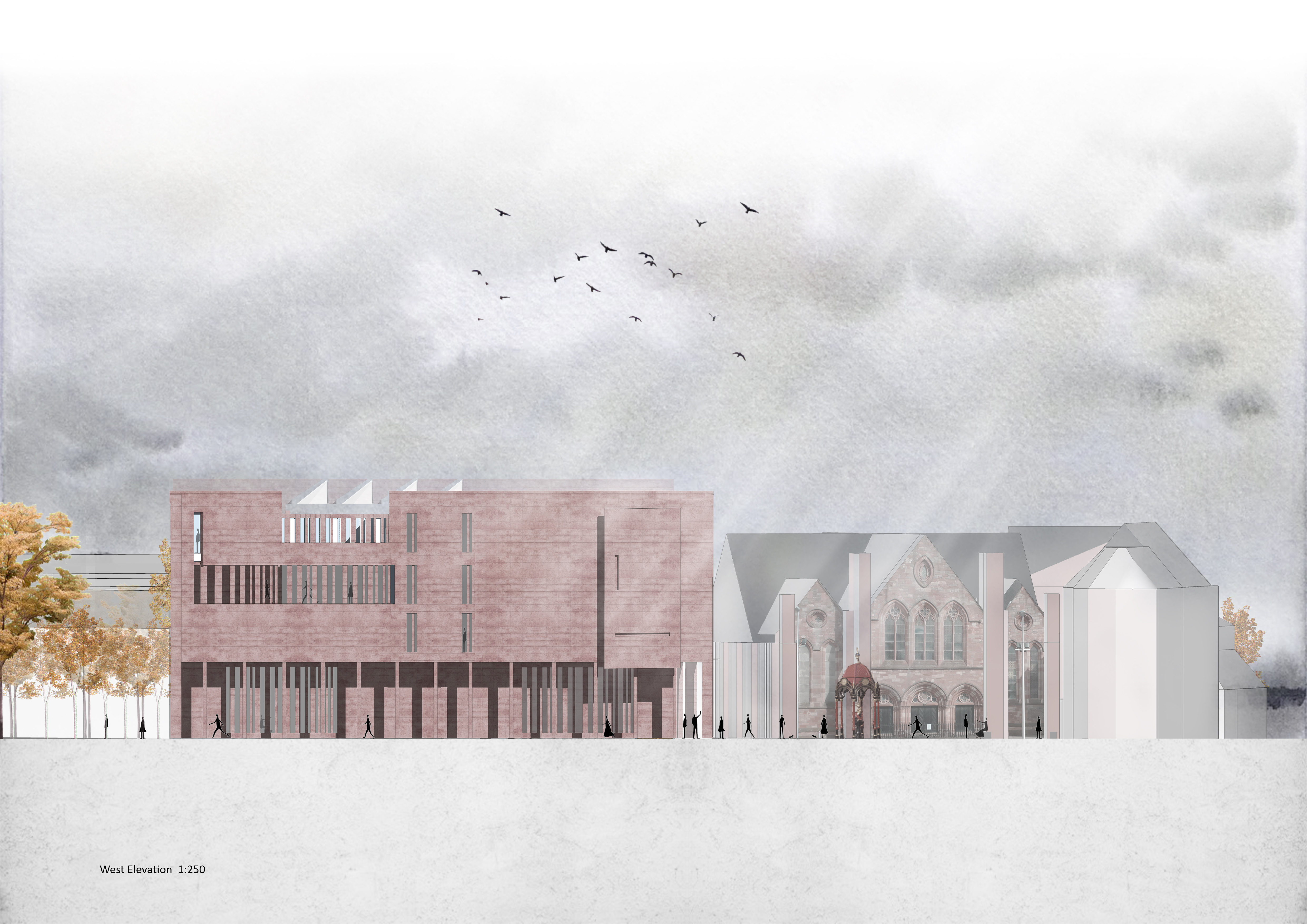 Innovative architectural structure with bold curves and contrasting materials