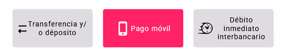 imagen muestra tres botones "transferencia/deposito" "pago movil" "debito inmediato interbancario" 