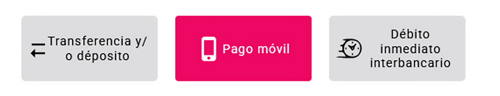imagen muestra tres botones "transferencia/deposito" "pago movil" "debito inmediato interbancario"