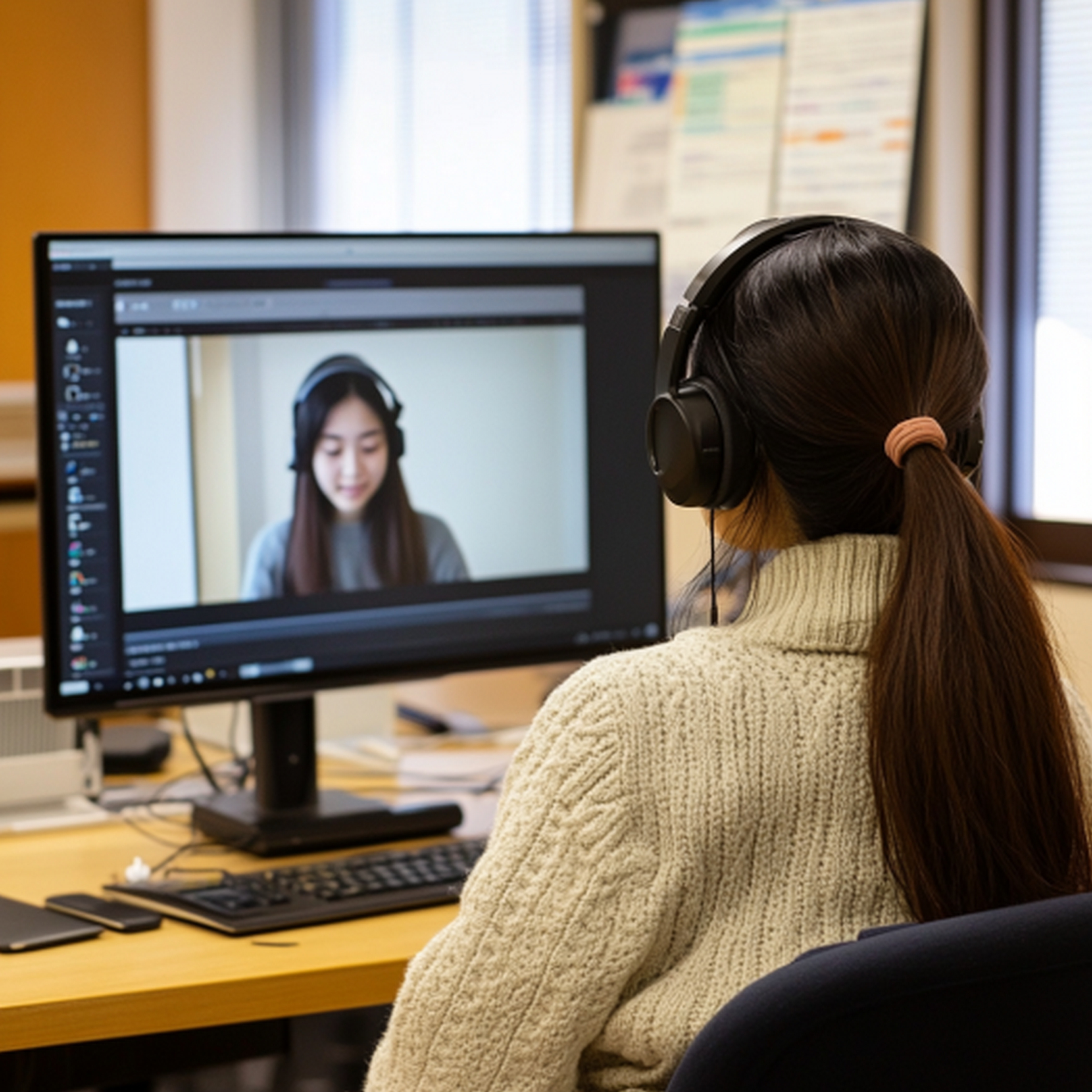 A business woman using video remote interpretation to communicate with a patient in real-time.