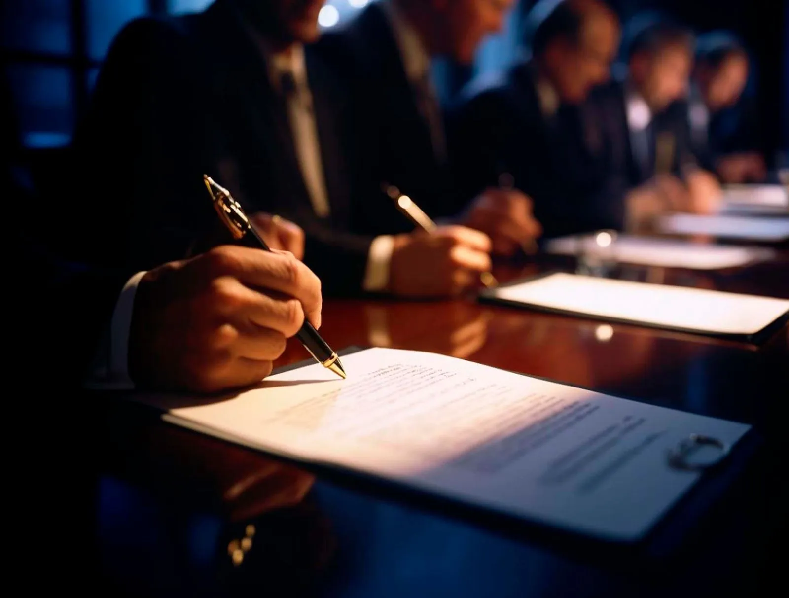 A close-up of a hand signing a document with a pen during a formal meeting, with other suited individuals in the background taking notes around a conference table