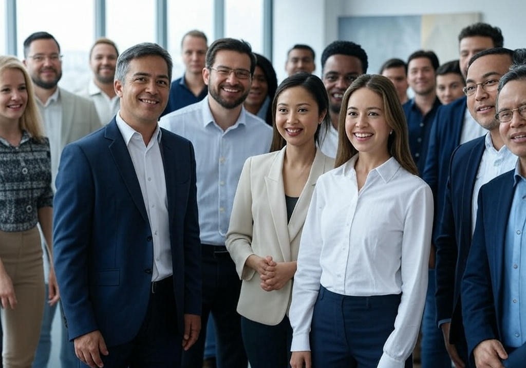 Corporate professionals using interpretation services in a global business meeting.