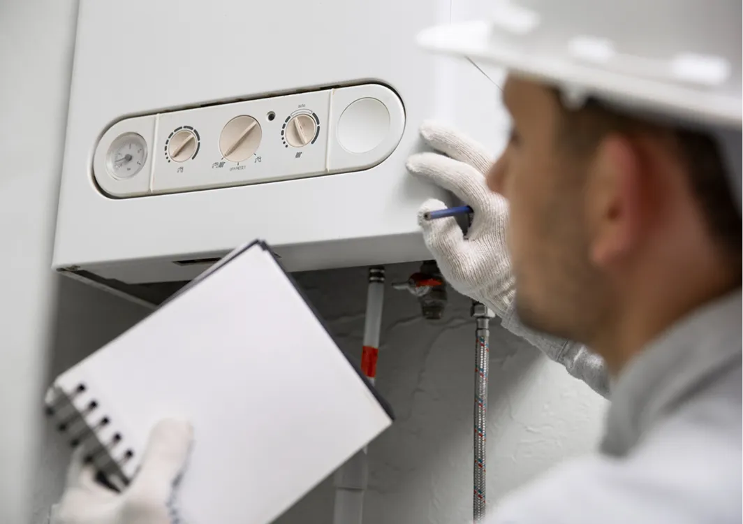 A technician adjusts a boiler while taking notes for maintenance checks.