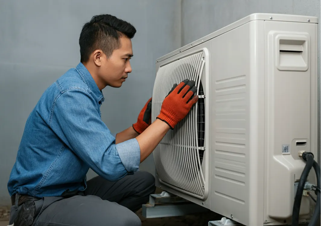 A technician wearing gloves performs maintenance on an air conditioning unit indoors.