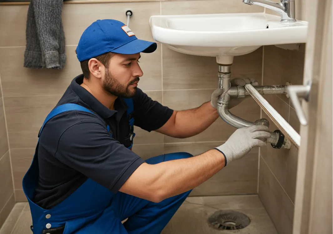 A plumber fixing a sink drain in a bathroom, ensuring proper plumbing maintenance.