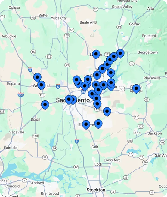 Map of Sacramento highlighting multiple locations with blue markers for easy navigation.