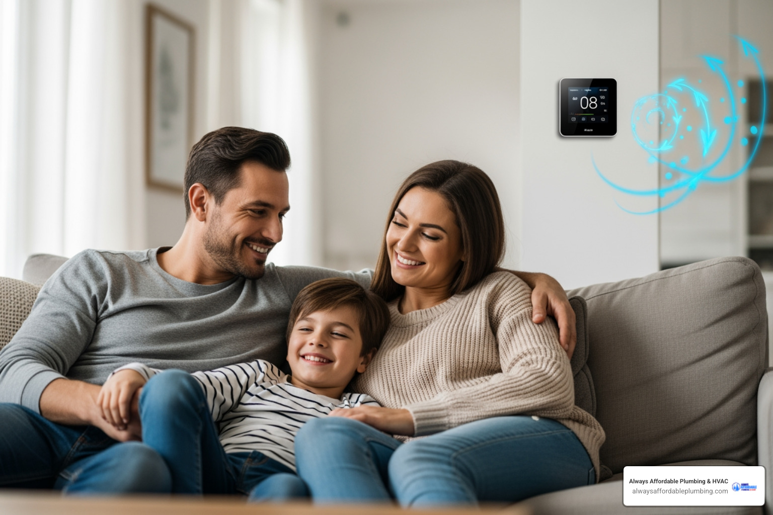 family comfortably relaxing in their living room, with a focus on the thermostat in the background - smart home thermostat roseville ca