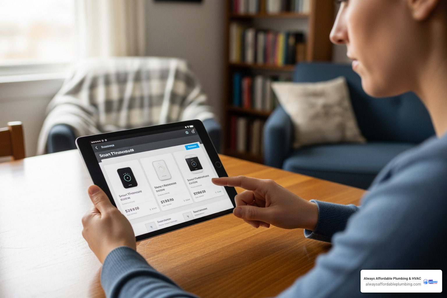person comparing different smart thermostat models on a tablet - smart home thermostat roseville ca