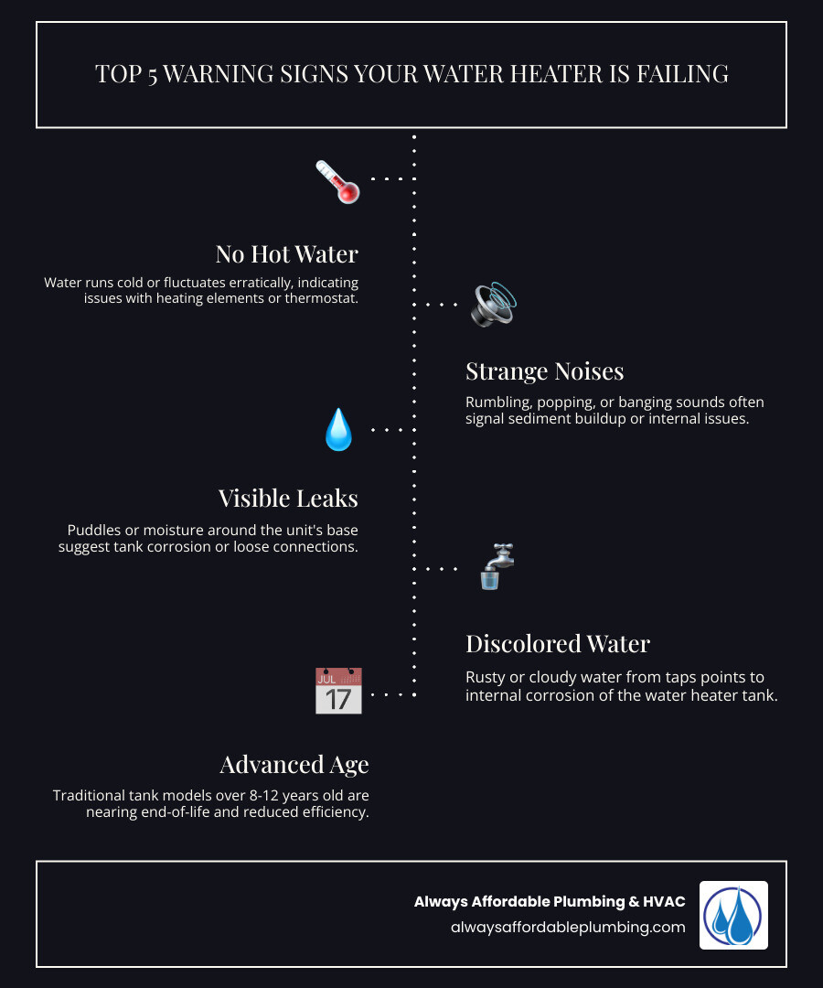 Infographic showing the top 5 warning signs your water heater is failing: 1) No hot water or inconsistent temperatures with icon of thermometer, 2) Strange noises like rumbling or popping with sound wave icon, 3) Visible leaks or moisture around unit with water droplet icon, 4) Discolored or rusty water from taps with faucet icon, 5) Unit age over 8-12 years for tank models with calendar icon. Each sign includes a brief description of what it means and why it requires attention. - water heater repair sacramento ca infographic infographic-line-5-steps-dark Infographic showing the top 5 warning signs your water heater is failing: 1) No hot water or inconsistent temperatures with icon of thermometer, 2) Strange noises like rumbling or popping with sound wave icon, 3) Visible leaks or moisture around unit with water droplet icon, 4) Discolored or rusty water from taps with faucet icon, 5) Unit age over 8-12 years for tank models with calendar icon. Each sign includes a brief description of what it means and why it requires attention. - water heater repair sacramento ca infographic infographic-line-5-steps-dark