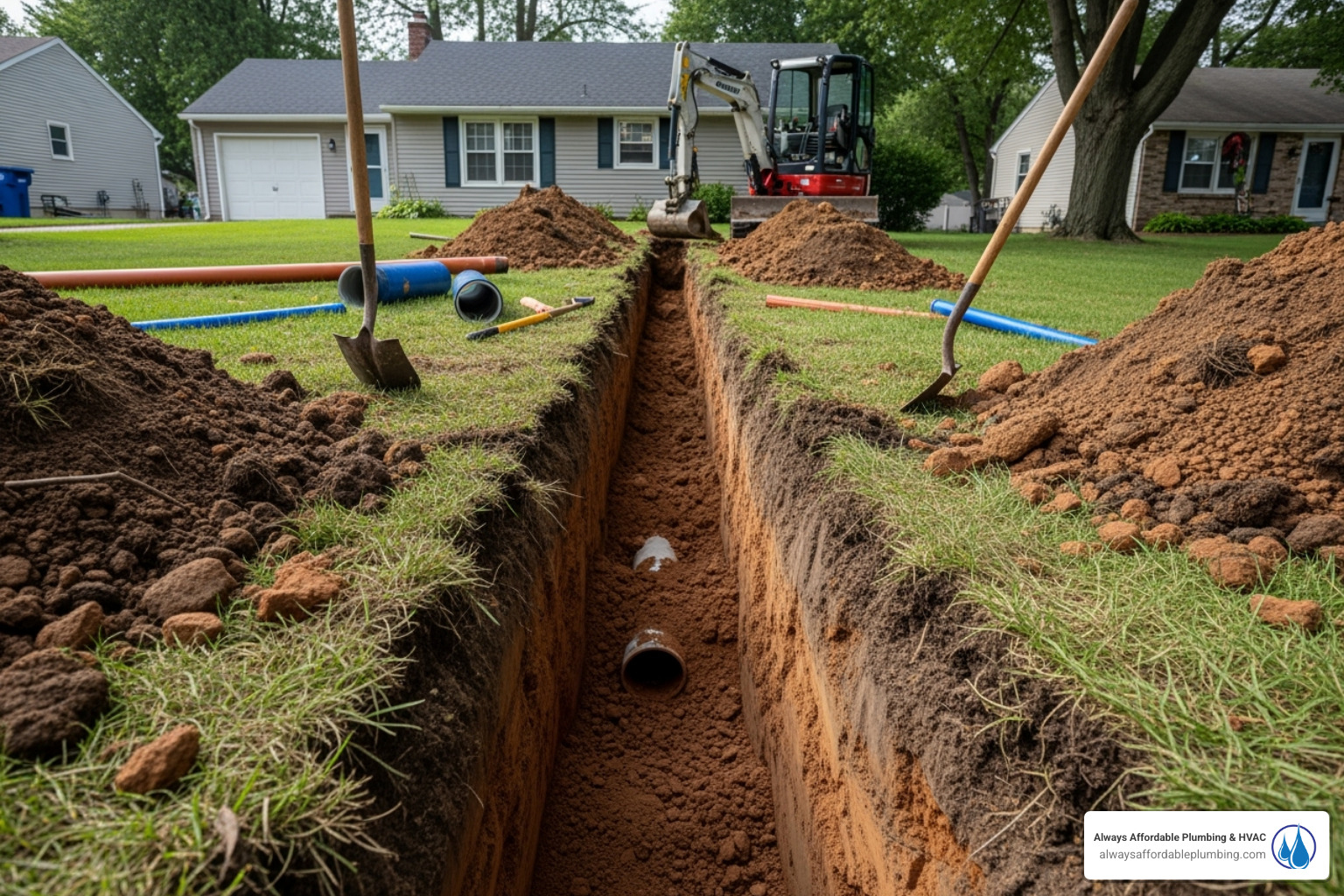 of a yard with a large trench dug for traditional sewer replacement - sewer pipe replacement roseville ca