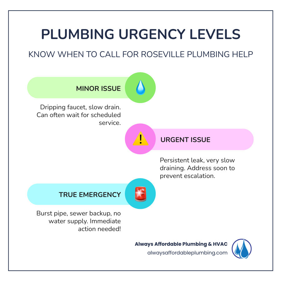 Infographic showing the progression from minor plumbing issue to emergency: first level shows dripping faucet or slow drain labeled minor issue can wait, second level shows persistent leak or very slow draining labeled urgent issue call today, third level shows burst pipe flooding or sewer backup labeled emergency call immediately, with icons for water damage, health hazards, and immediate action needed - same day plumber roseville ca infographic infographic-line-3-steps-colors