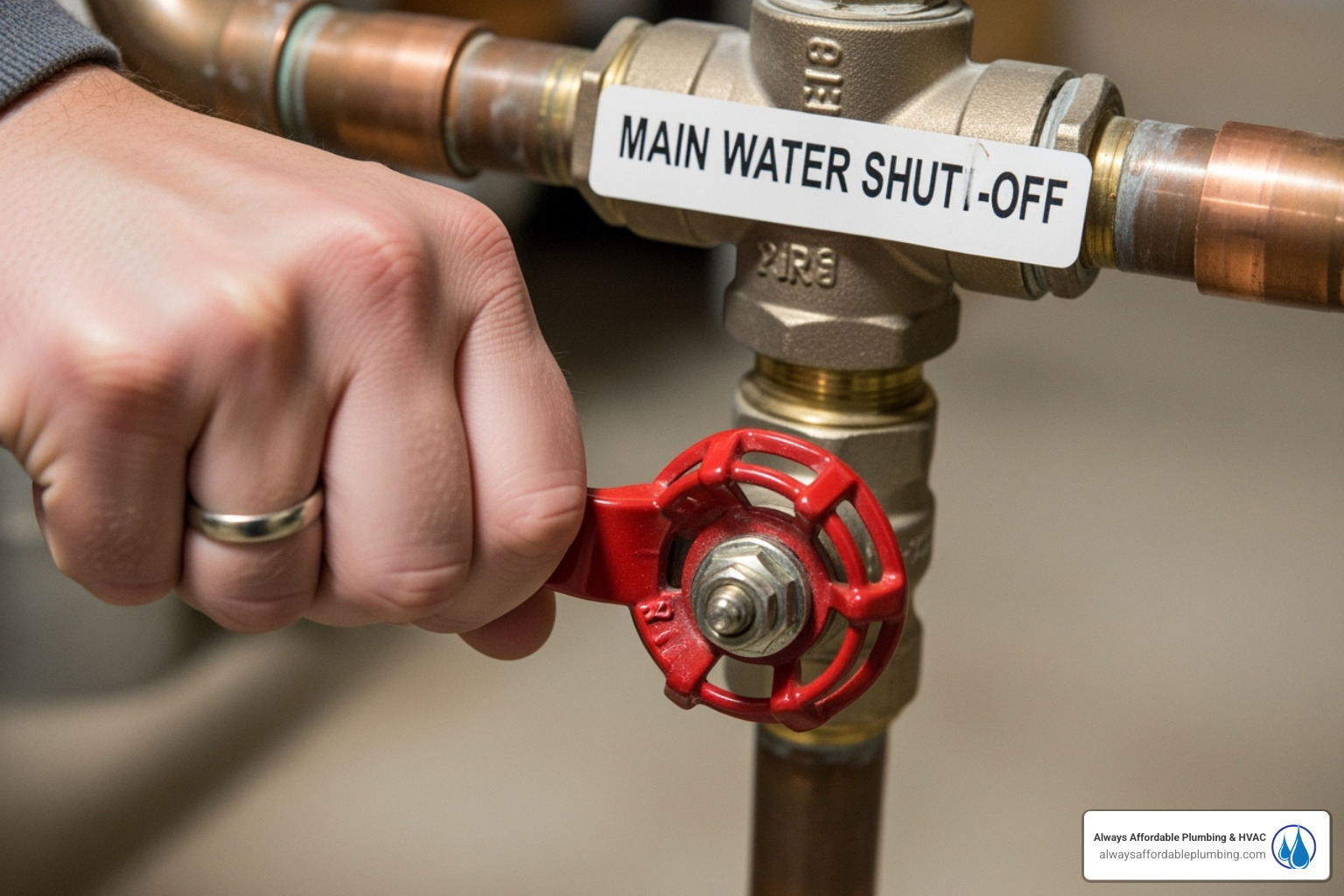 A hand turning the main water shut-off valve on a residential water line, with a clear label for "Main Water Shut-Off". - same day plumber roseville ca