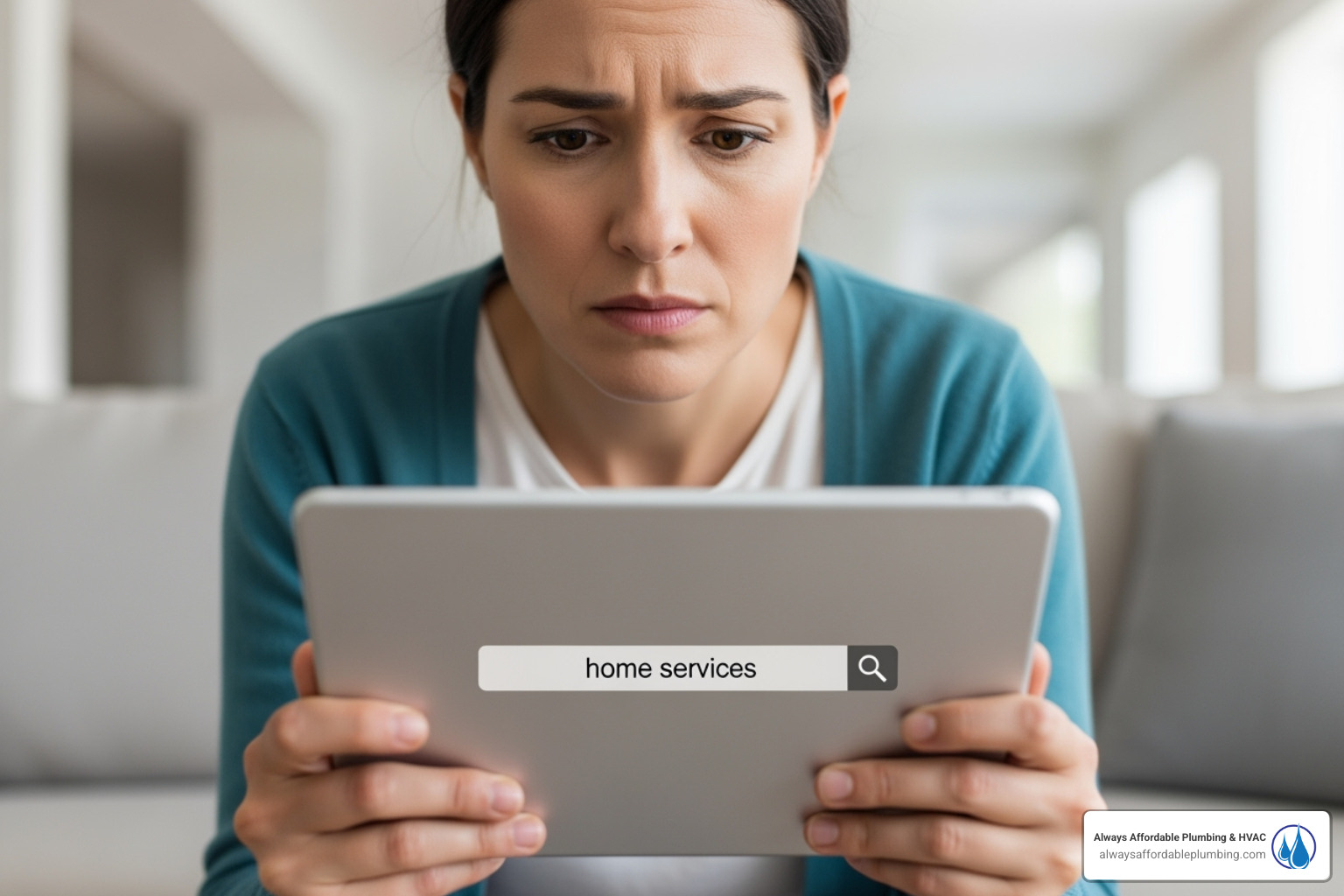 A homeowner uses a tablet to search for "same day plumber roseville ca" with a magnifying glass icon, emphasizing the search for a reliable professional. - same day plumber roseville ca