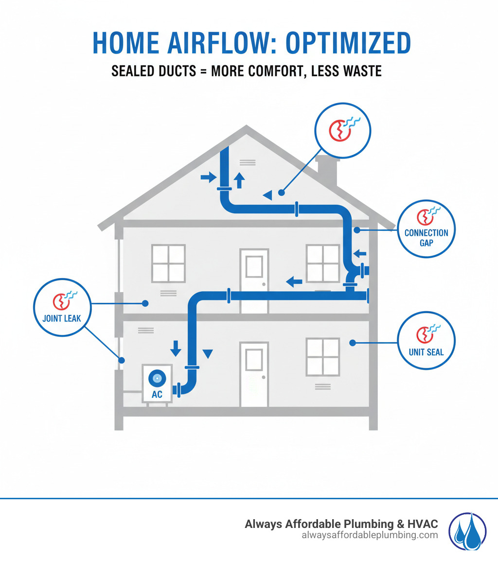 infographic showing cross-section of a home with HVAC ductwork running through attic and walls, arrows indicating proper air flow from furnace and AC unit through sealed ducts to living spaces, with callouts highlighting common leak points at joints and connections - duct repair near me folsom ca infographic 