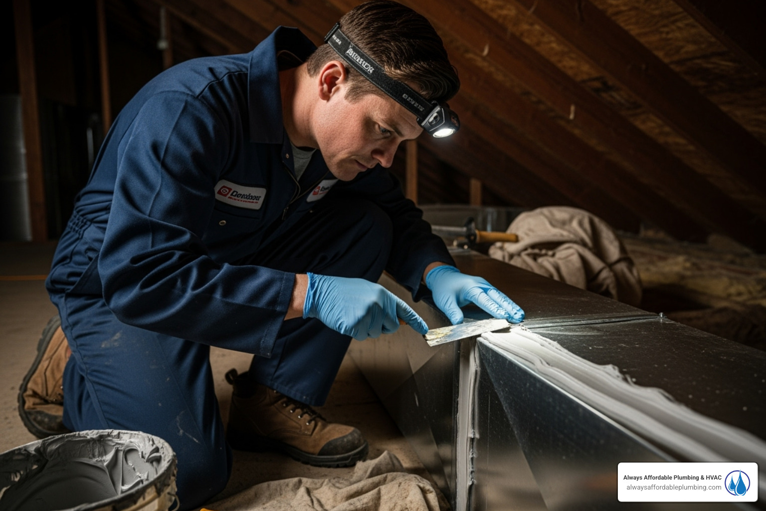 technician professionally sealing a duct joint with mastic sealant - duct repair near me folsom ca