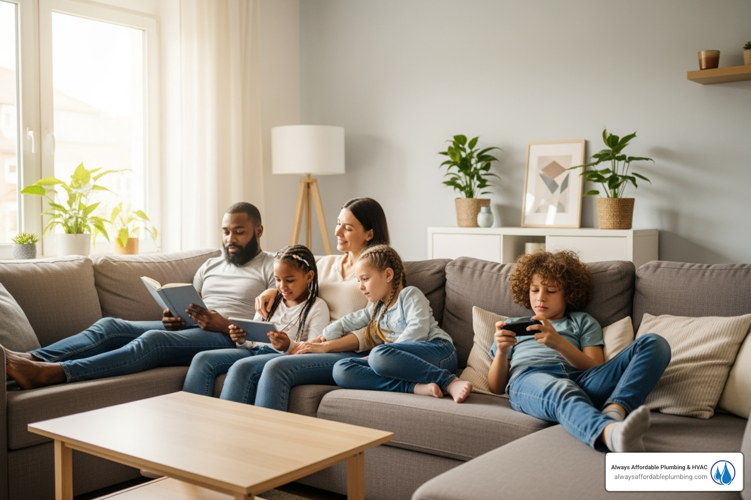 family comfortably relaxing in their living room - duct repair near me folsom ca