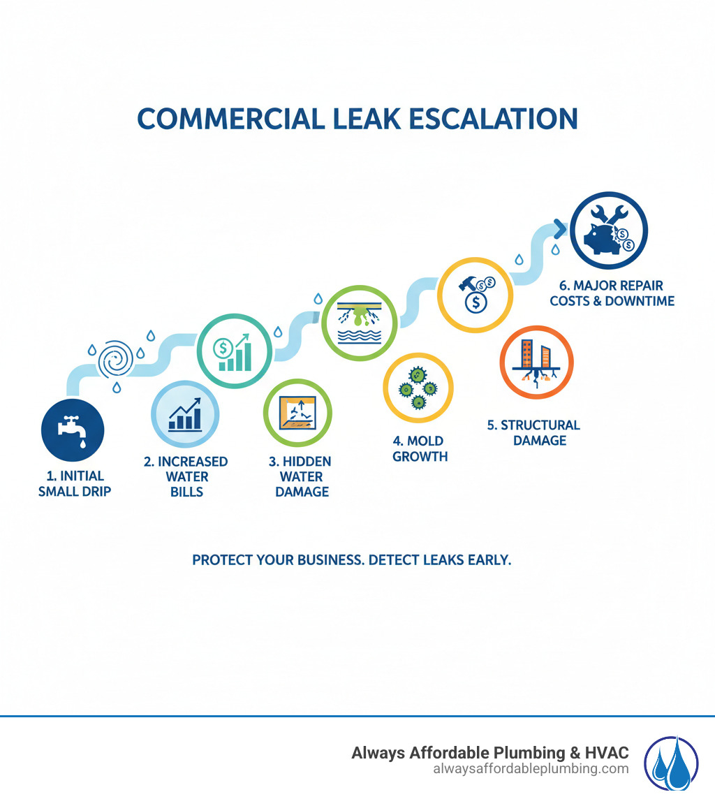 Infographic showing the progression of a commercial water leak from initial small drip in pipes to escalating problems including increased water bills, hidden water damage spreading through walls and ceilings, mold growth forming in damp areas, structural damage to building foundation, business operations disrupted, and final stage showing major repair costs with downtime expenses - commercial leak detection roseville ca infographic 