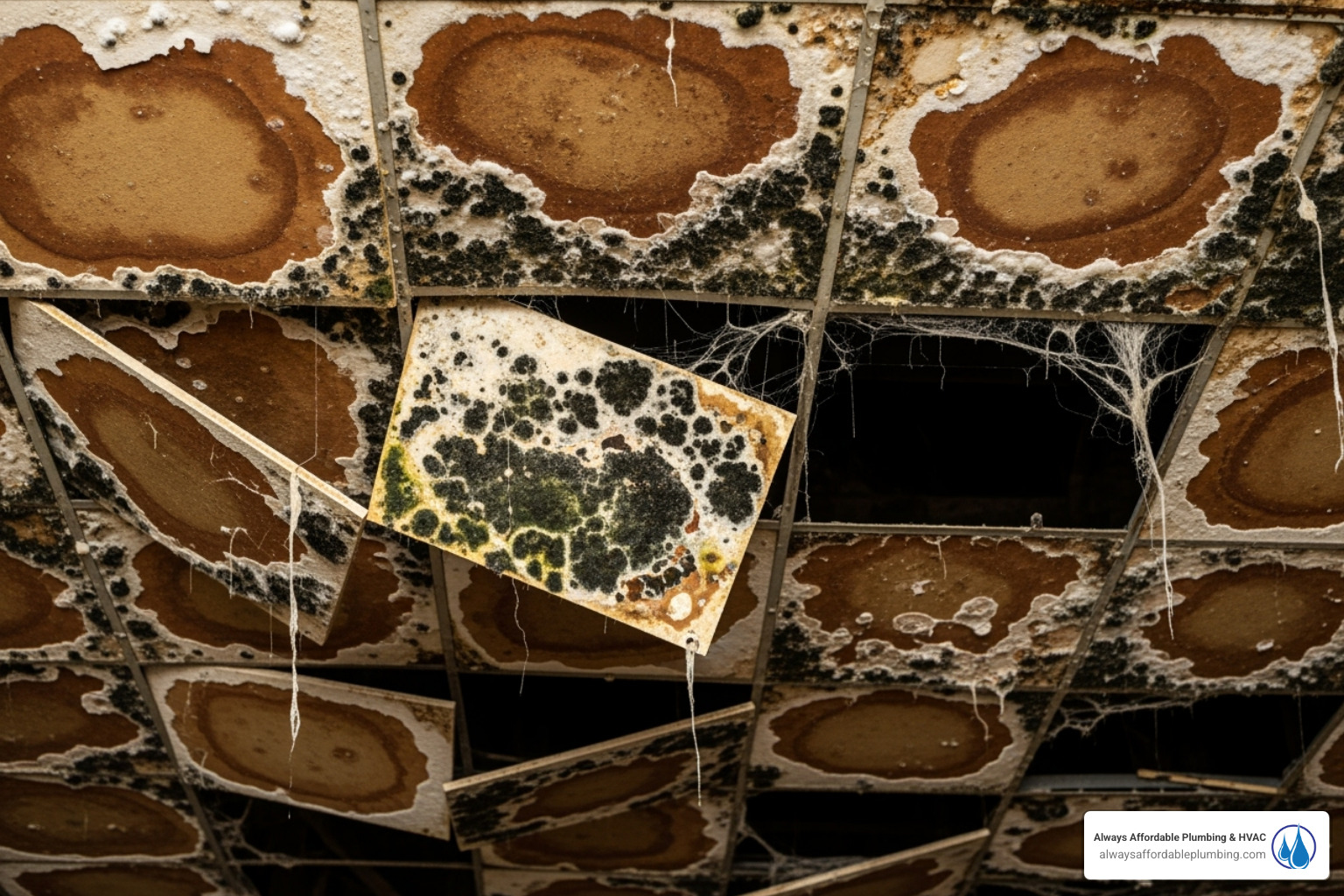 water-damaged commercial ceiling with mold growth - commercial leak detection roseville ca