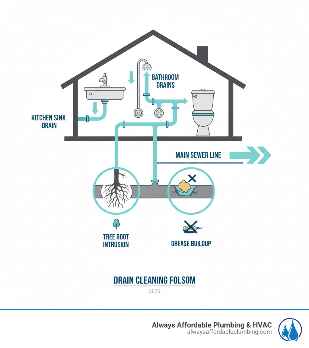Comprehensive infographic showing cross-section of home plumbing system including kitchen sink drain, bathroom drains, main sewer line, and common problem areas like tree root intrusion and grease buildup, with arrows indicating water flow direction and labels for key components - drain cleaning Folsom infographic 