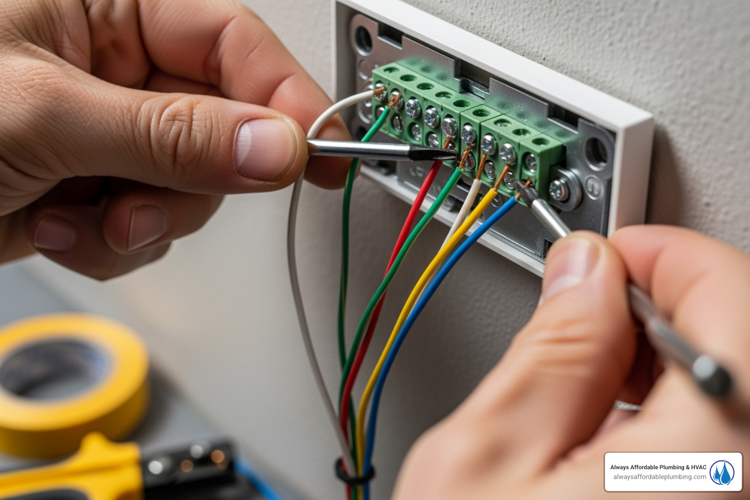 technician's hands wiring new thermostat base plate - thermostat installation sacramento ca