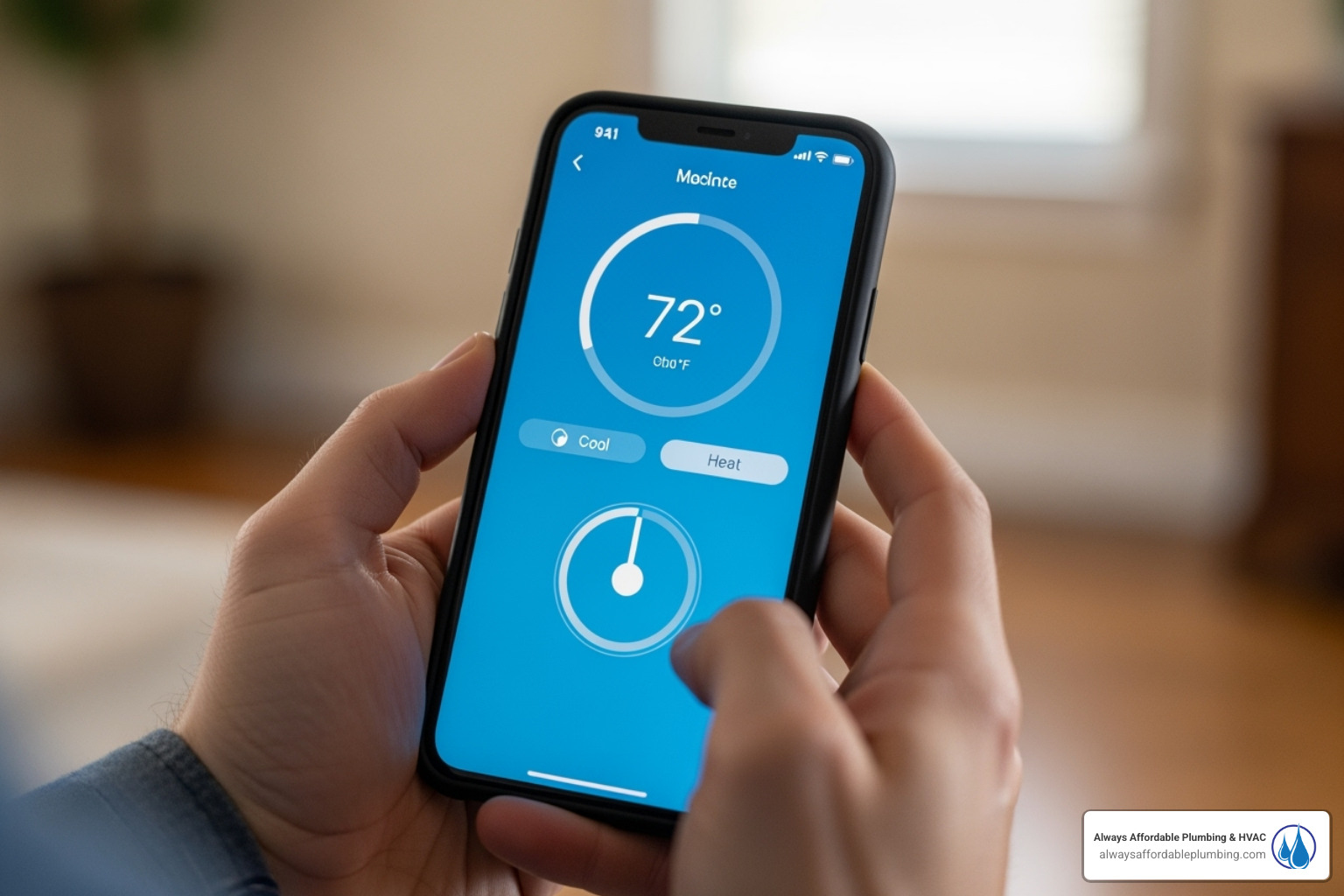 person using smartphone to control thermostat - thermostat installation sacramento ca