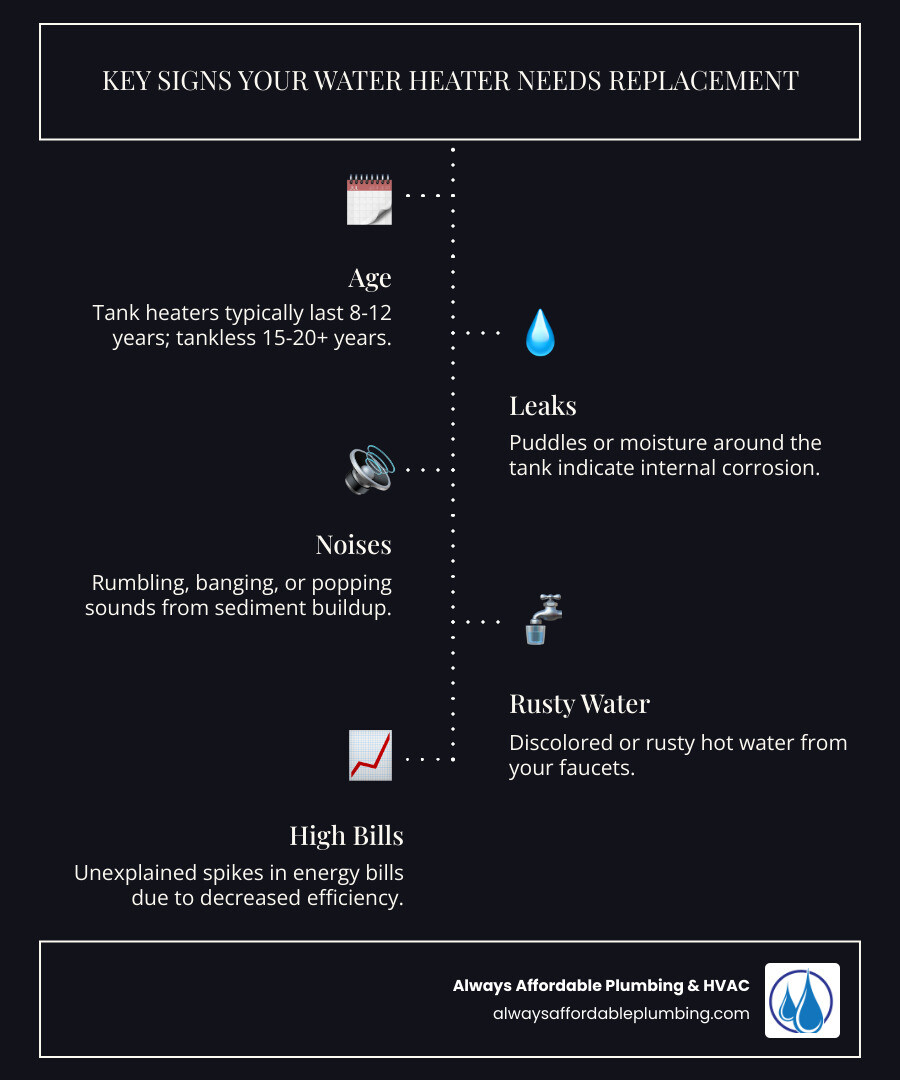 infographic showing five key signs your water heater needs replacement: age over 8 to 12 years with a calendar icon, leaking tank with water drops, rumbling or banging noises with sound waves, rusty or discolored water in a glass, and rising energy bills with an upward trending chart - water heater replacement roseville ca infographic infographic-line-5-steps-dark infographic showing five key signs your water heater needs replacement: age over 8 to 12 years with a calendar icon, leaking tank with water drops, rumbling or banging noises with sound waves, rusty or discolored water in a glass, and rising energy bills with an upward trending chart - water heater replacement roseville ca infographic infographic-line-5-steps-dark