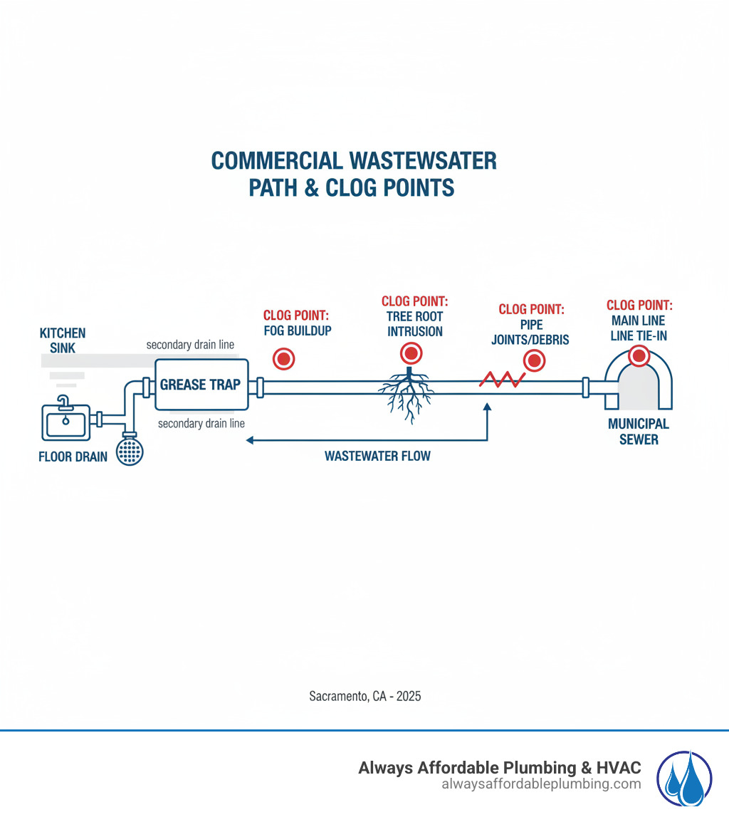 infographic showing the path of commercial wastewater from kitchen sinks and floor drains through secondary drain lines to the main sewer line, with labeled problem areas including grease trap, tree root intrusion points, pipe joints, and connection to municipal sewer, highlighting where clogs commonly form in commercial systems - drain cleaning sacramento ca infographic 