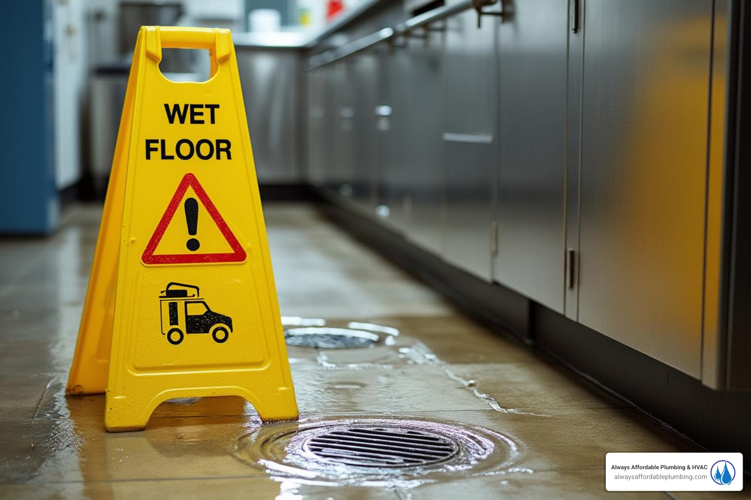 wet floor sign next to a backed-up floor drain in a commercial setting - drain cleaning sacramento ca