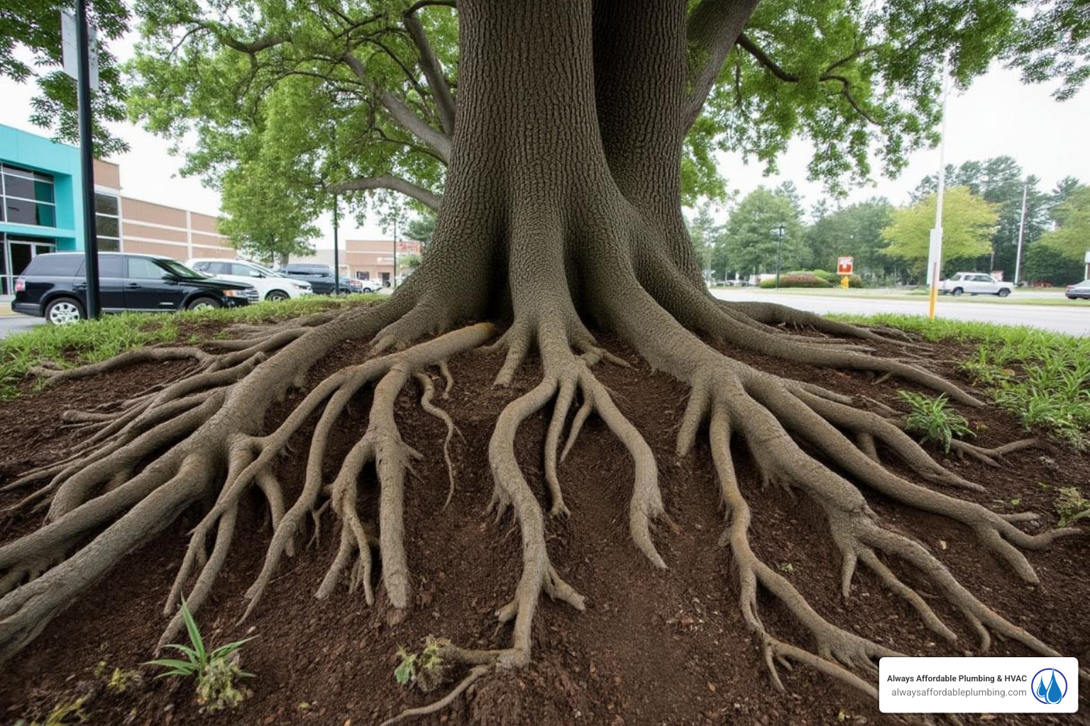 large tree with roots spreading underground near a building foundation - drain cleaning sacramento ca