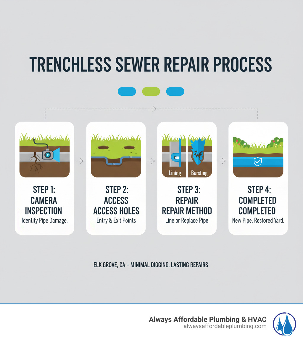 Infographic showing the trenchless sewer repair process: Step 1 shows a camera inspection identifying pipe damage underground, Step 2 shows two small access holes dug at entry and exit points, Step 3 shows either a flexible epoxy liner being inserted and cured inside the old pipe OR a bursting head fracturing the old pipe while pulling a new HDPE pipe through, Step 4 shows the completed repair with restored landscaping and a durable new sewer line - trenchless sewer repair elk grove ca infographic 