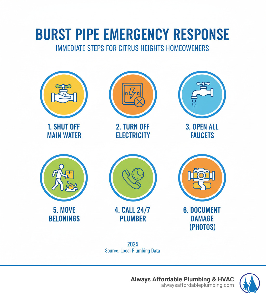 Infographic showing burst pipe emergency response steps: 1. Locate and turn main water valve clockwise to shut off, 2. Switch off electrical breakers for affected areas, 3. Open all faucets to drain remaining water pressure, 4. Call 24/7 emergency plumber immediately, 5. Move belongings away from water, 6. Take photos of all damage for insurance documentation - burst pipe emergency citrus heights ca infographic 