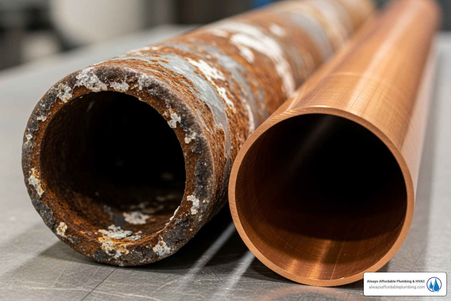 corroded old galvanized pipe next to new copper pipe - burst pipe emergency citrus heights ca