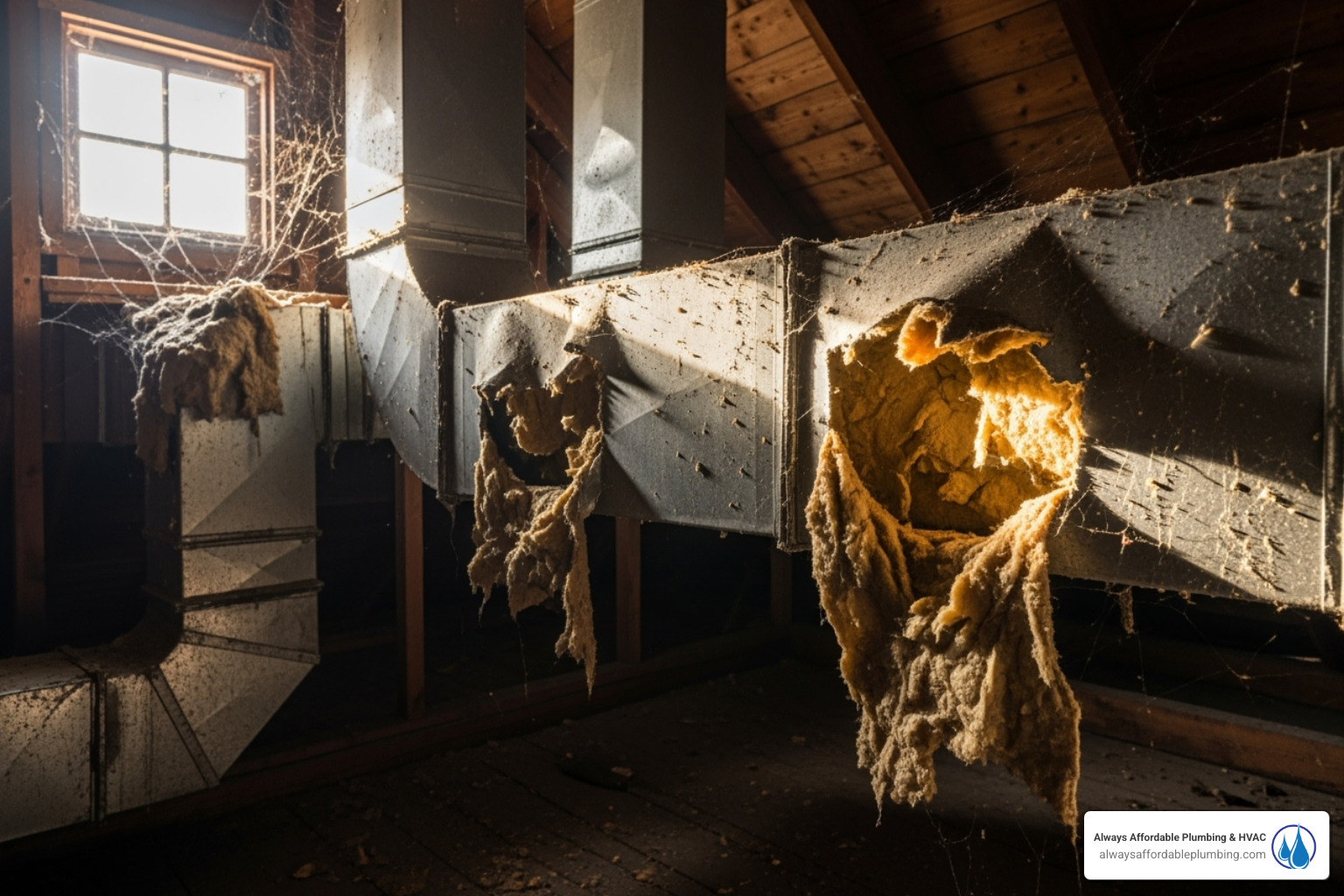 old, damaged ductwork in an attic with visible tears and dust - ductwork replacement rancho cordova ca old, damaged ductwork in an attic with visible tears and dust - ductwork replacement rancho cordova ca