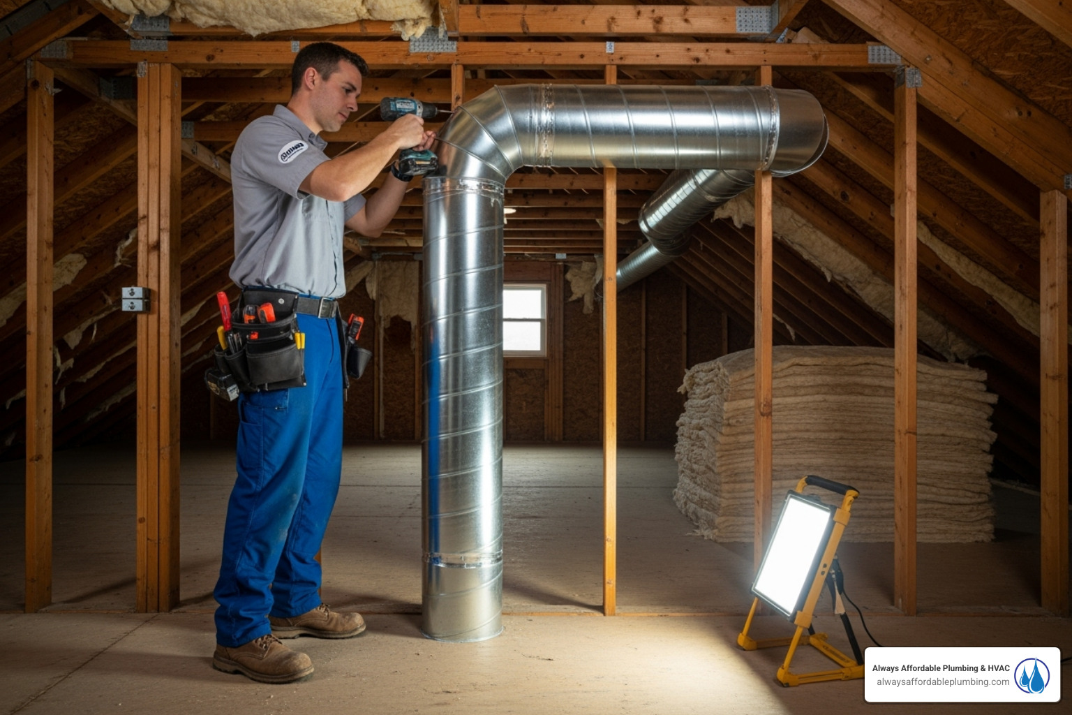 technician carefully installing a new, shiny duct in a clean attic space - ductwork replacement rancho cordova ca technician carefully installing a new, shiny duct in a clean attic space - ductwork replacement rancho cordova ca