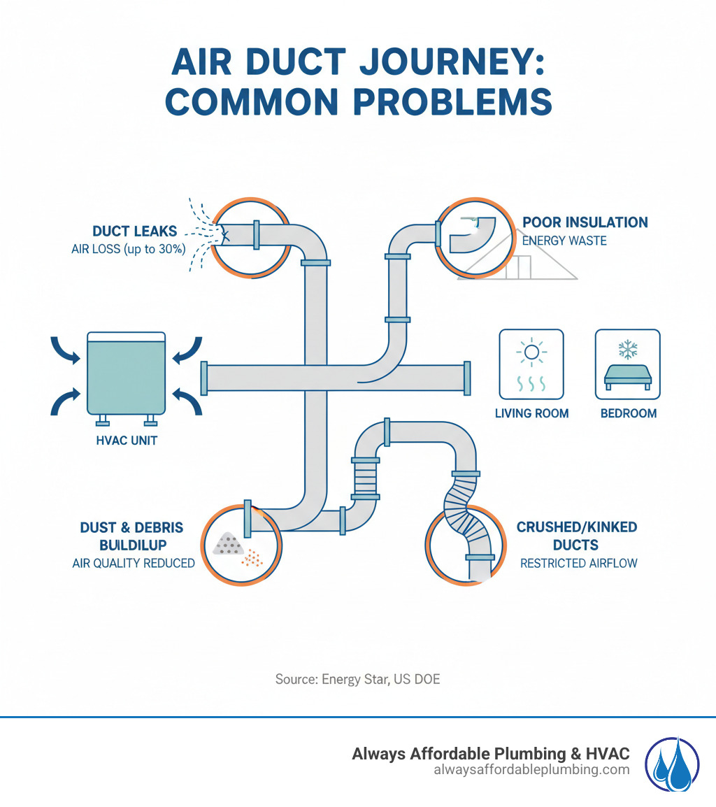 infographic showing the journey of conditioned air from HVAC unit through ductwork to rooms, with callouts highlighting common problem areas including duct leaks causing air loss, dust and debris buildup at connections, poor insulation in unconditioned spaces, and crushed or kinked flexible ducts restricting airflow - ductwork replacement rancho cordova ca infographic infographic showing the journey of conditioned air from HVAC unit through ductwork to rooms, with callouts highlighting common problem areas including duct leaks causing air loss, dust and debris buildup at connections, poor insulation in unconditioned spaces, and crushed or kinked flexible ducts restricting airflow - ductwork replacement rancho cordova ca infographic