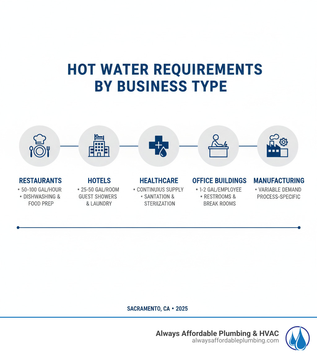 Infographic showing hot water requirements by business type: restaurants requiring 50-100 gallons per hour for dishwashing and food prep, hotels needing 25-50 gallons per room for guest showers and laundry, healthcare facilities requiring continuous supply for sanitation and sterilization, office buildings using 1-2 gallons per employee for restrooms and break rooms, and manufacturing operations with variable demands based on specific processes - commercial water heater sacramento ca infographic 