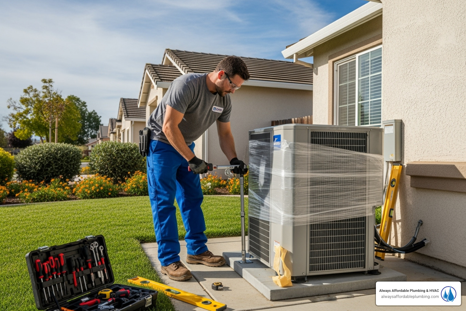 Professional technician carefully installing a new heat pump system - heat pump installation elk grove ca