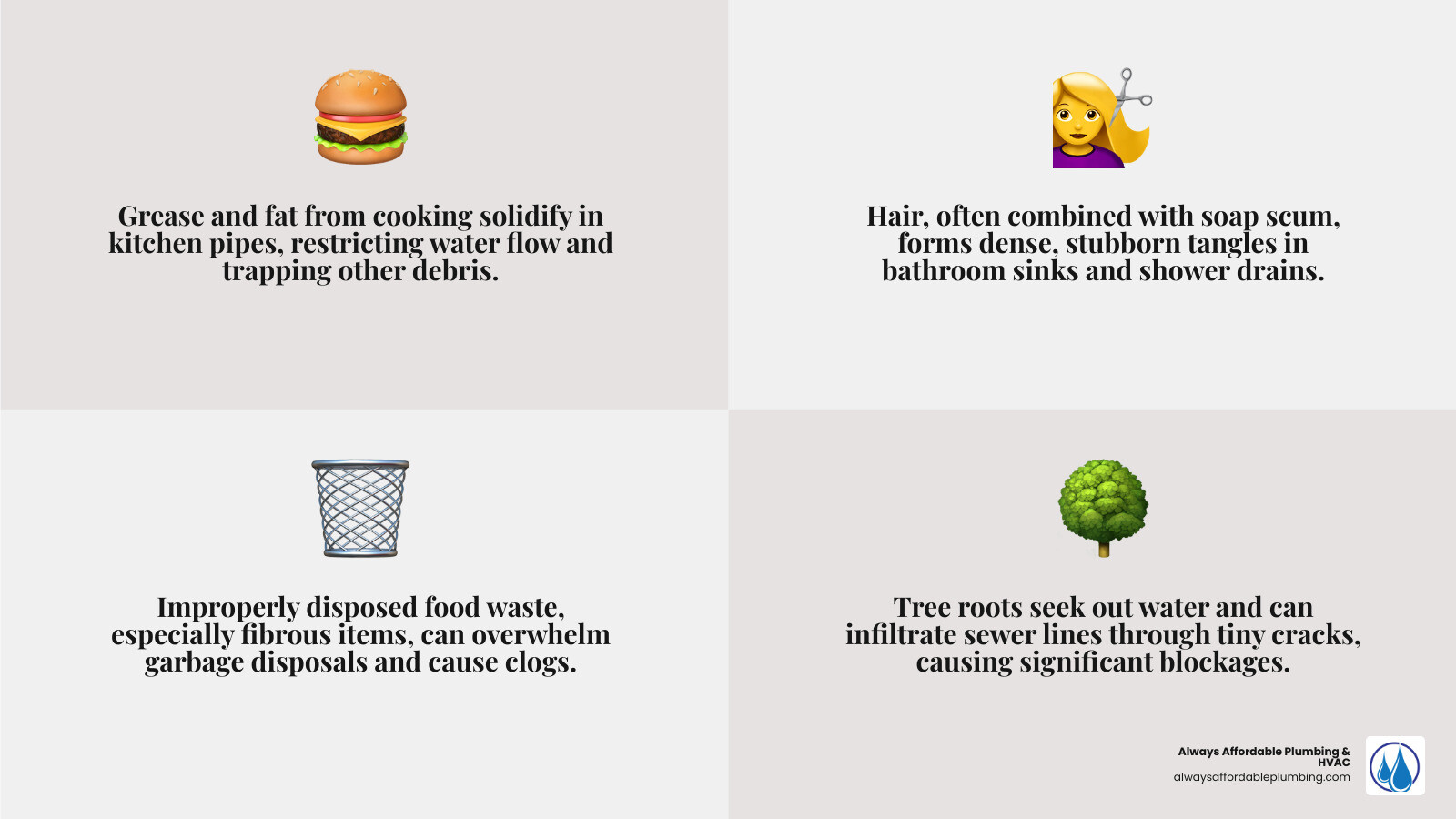 infographic showing the top 4 causes of household drain clogs: grease and fat buildup in kitchen sinks with solidified orange grease, hair and soap scum tangled in bathroom drains, food waste particles from garbage disposals, and tree roots infiltrating outdoor sewer lines - drain cleaning folsom infographic 4_facts_emoji_grey