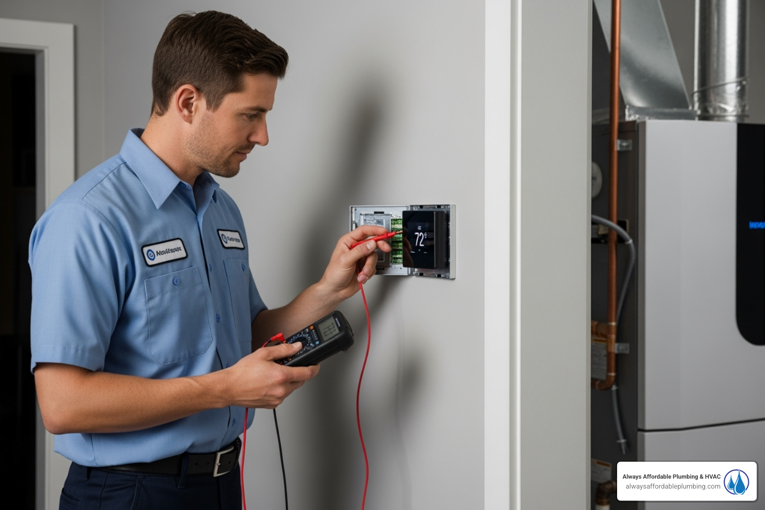 of a professional HVAC technician inspecting a thermostat and HVAC unit - thermostat calibration folsom ca