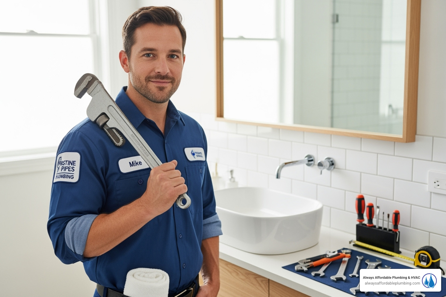 A professional plumber in uniform, holding a wrench, with a clean and organized workspace, signifying reliability - main sewer line cleaning citrus heights ca A professional plumber in uniform, holding a wrench, with a clean and organized workspace, signifying reliability - main sewer line cleaning citrus heights ca