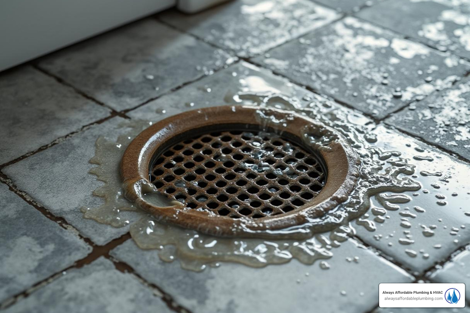 A puddle of water forming around a floor drain, indicating a clog and potential water damage - floor drain cleaning folsom ca A puddle of water forming around a floor drain, indicating a clog and potential water damage - floor drain cleaning folsom ca