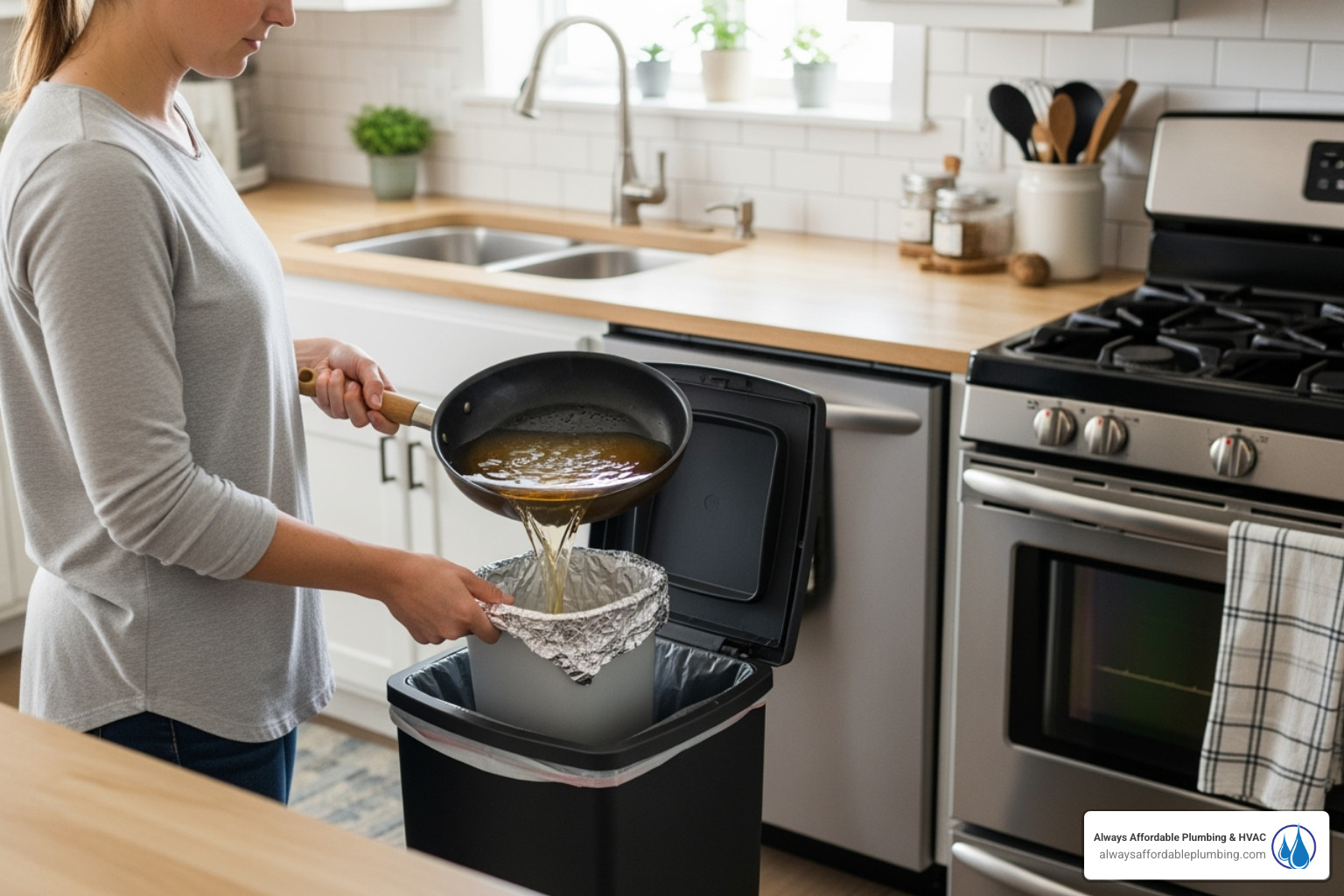 person properly disposing of cooking grease in a trash can - sewer inspection folsom ca person properly disposing of cooking grease in a trash can - sewer inspection folsom ca