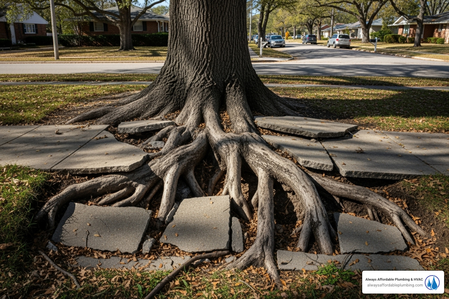 large oak tree roots breaking through a sidewalk, illustrating potential underground damage - sewer inspection folsom ca large oak tree roots breaking through a sidewalk, illustrating potential underground damage - sewer inspection folsom ca