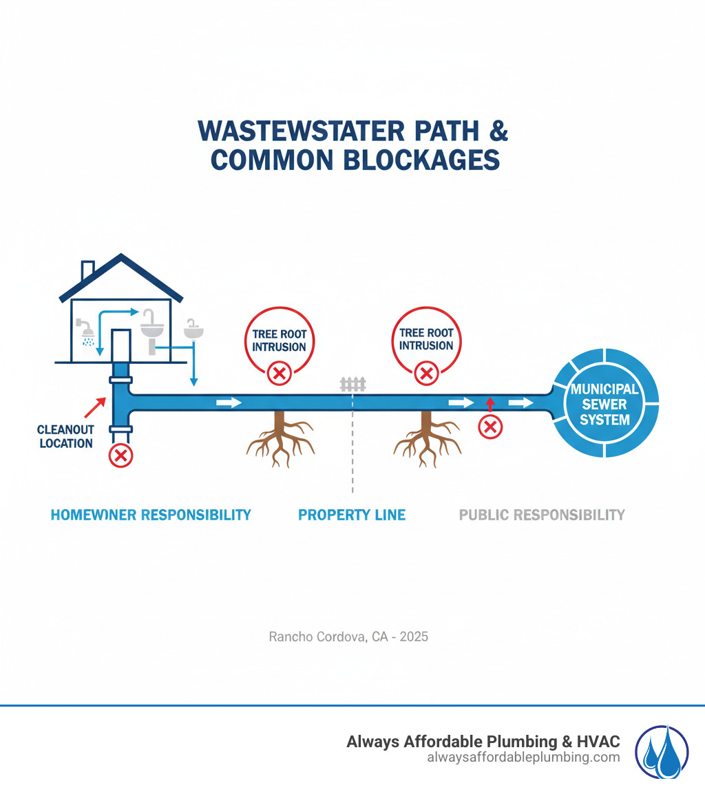 Infographic showing the path of wastewater from a house through the main sewer line to the municipal system, with common blockage points marked including the cleanout location, tree root intrusion zones, and the property line where homeowner responsibility ends - sewer blockage removal rancho cordova ca infographic Infographic showing the path of wastewater from a house through the main sewer line to the municipal system, with common blockage points marked including the cleanout location, tree root intrusion zones, and the property line where homeowner responsibility ends - sewer blockage removal rancho cordova ca infographic
