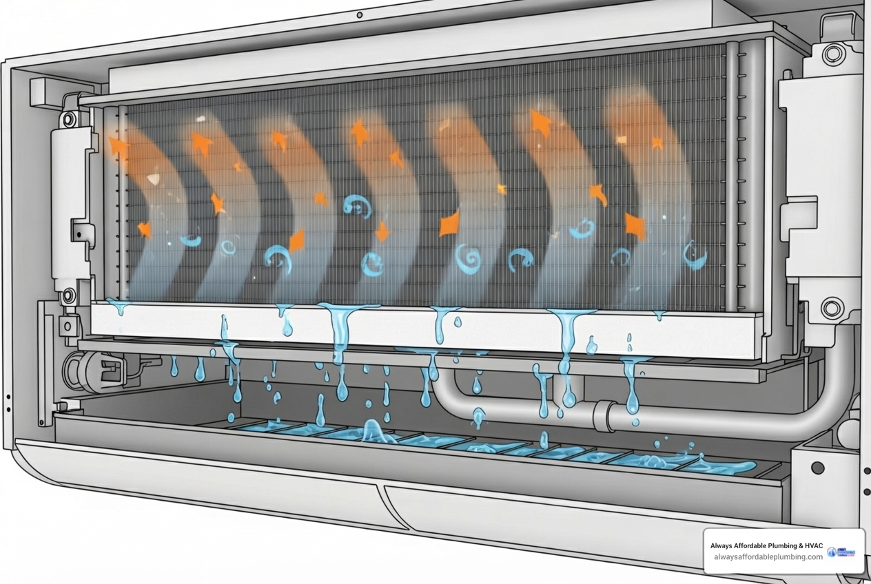 infographic showing the AC condensation cycle: warm humid air enters the system, passes over cold evaporator coils where moisture condenses into water droplets, water collects in the drain pan below the coils, and drains out through the condensate line to outside or a floor drain - ac unit leaking water in garage infographic showing the AC condensation cycle: warm humid air enters the system, passes over cold evaporator coils where moisture condenses into water droplets, water collects in the drain pan below the coils, and drains out through the condensate line to outside or a floor drain - ac unit leaking water in garage